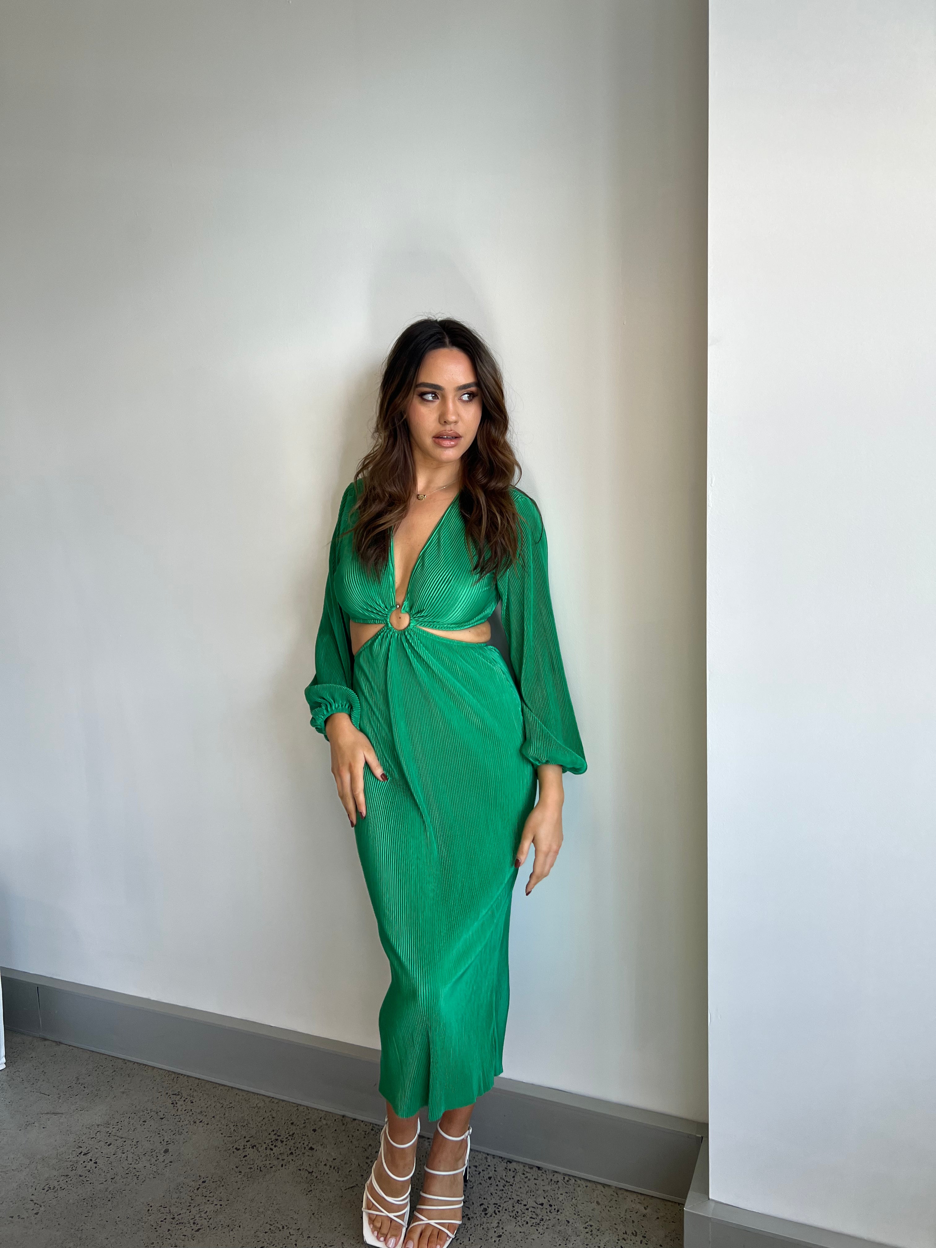 Maeve Dress | Pliss Cut Out Midi | Green  STYLE STRUCK