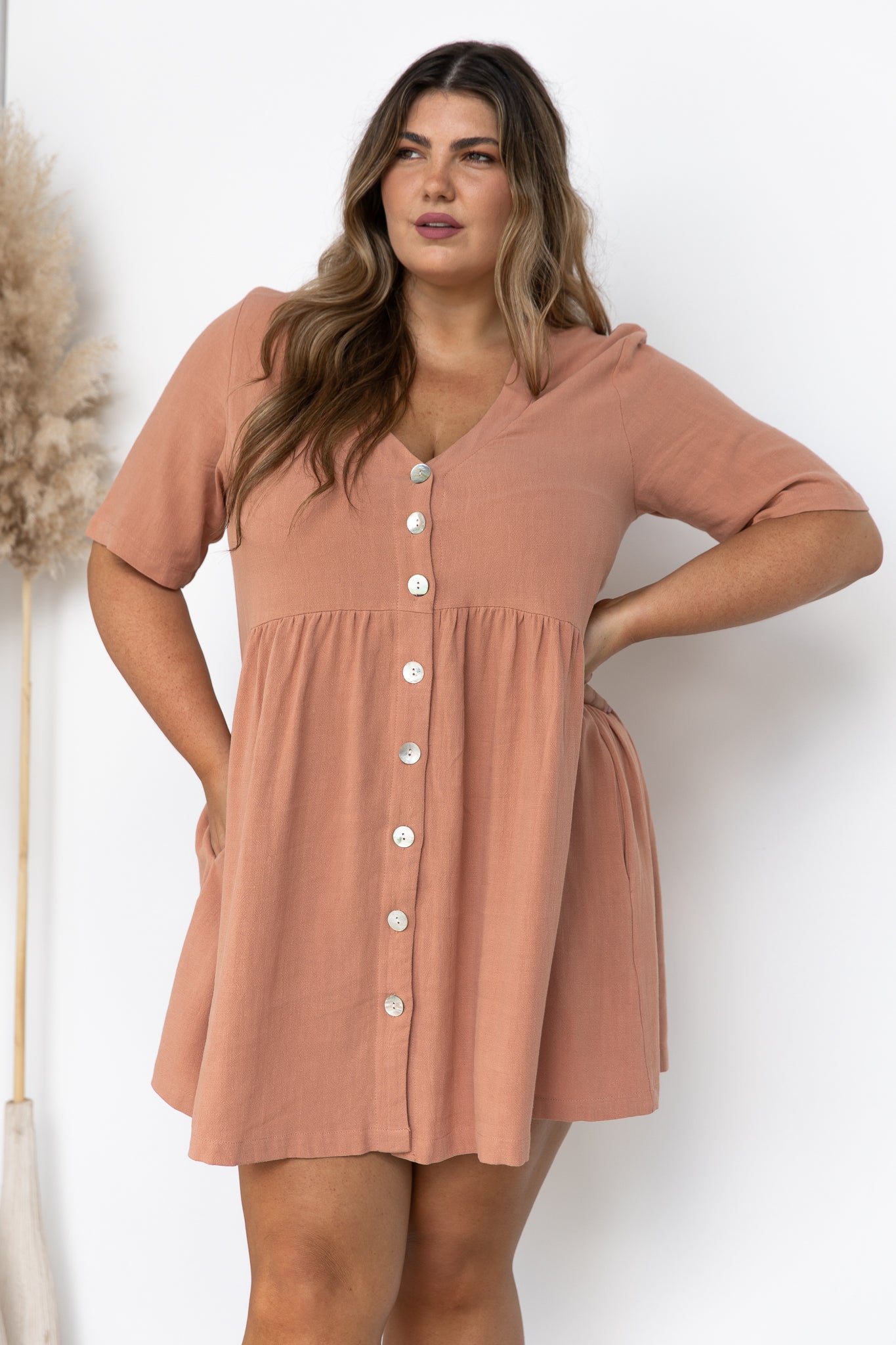 Nelly Dress Clay Button Cotton Linen Mini Dress Australia STYLE STRUCK Nelly Dress Clay Button Cotton Linen Mini Dress Australia STYLE STRUCK