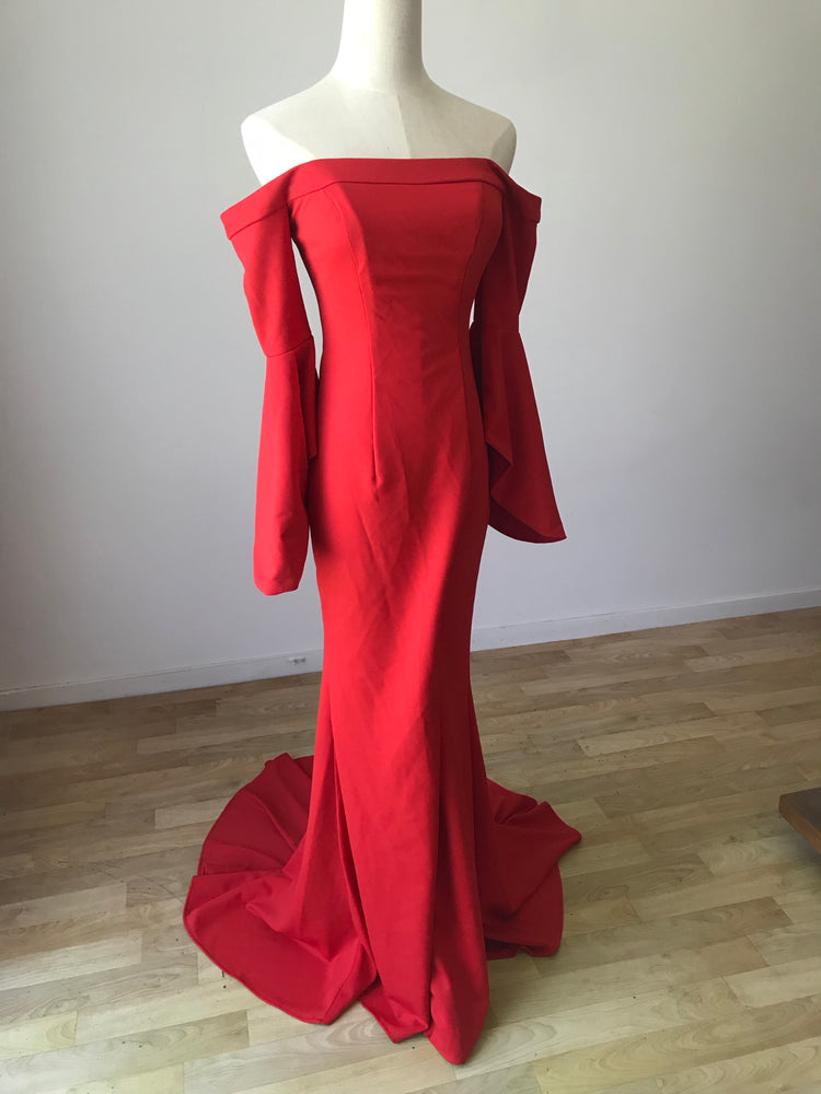 RED OFF SHOULDER GOWN WITH LEG SPLIT