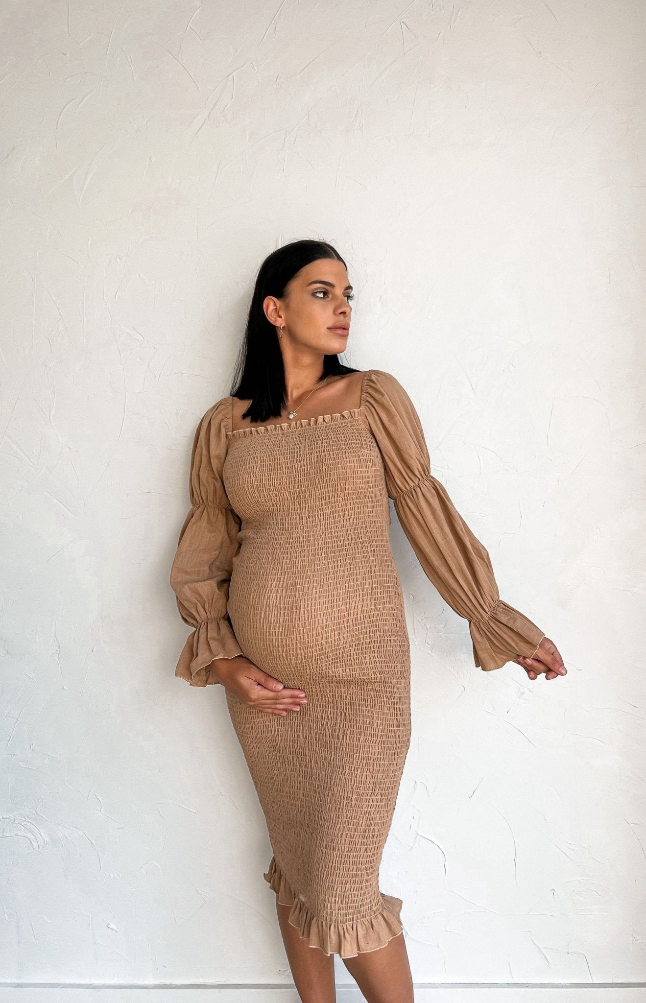 Myrah Beige Dress | Shirred Bump Friendly | Style Struck Myrah Beige Dress | Shirred Bump Friendly | Style Struck