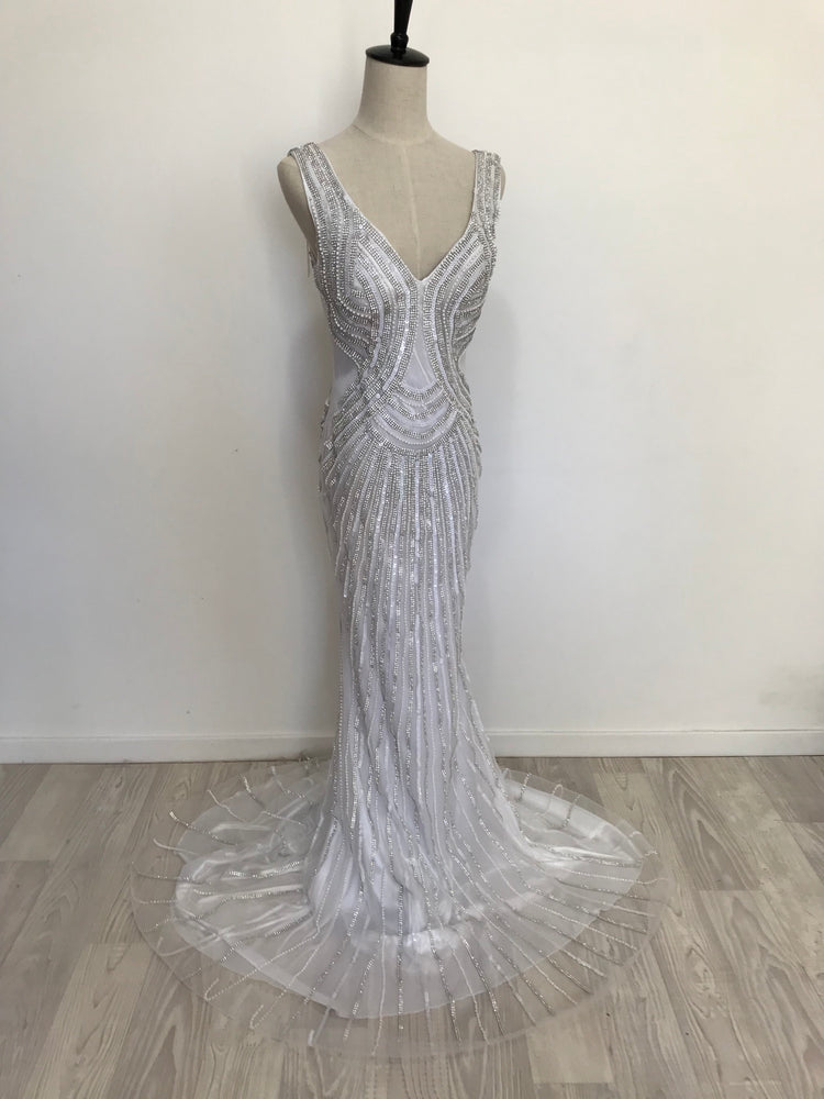 White/Silver Beaded Sequin Gown