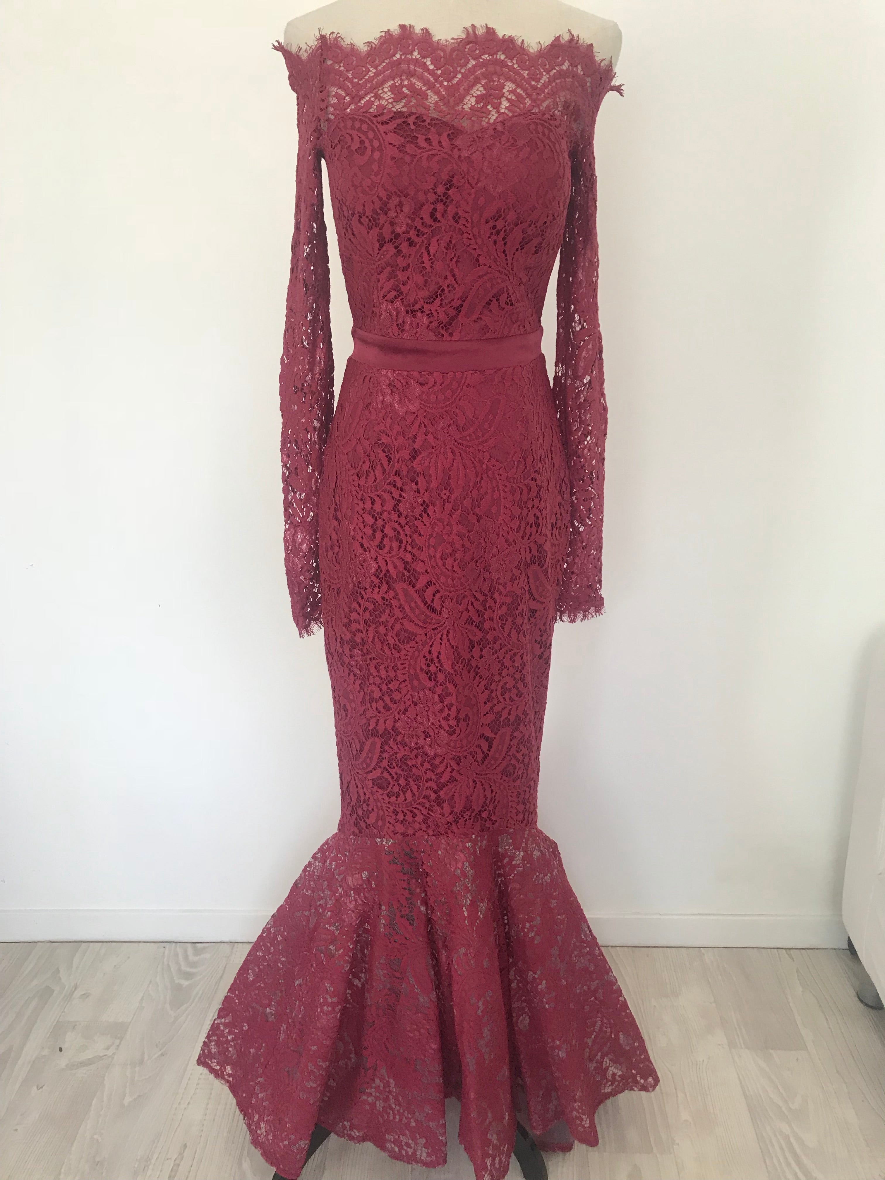 Off shoulder lace gown burgundy Small - STYLE STRUCK