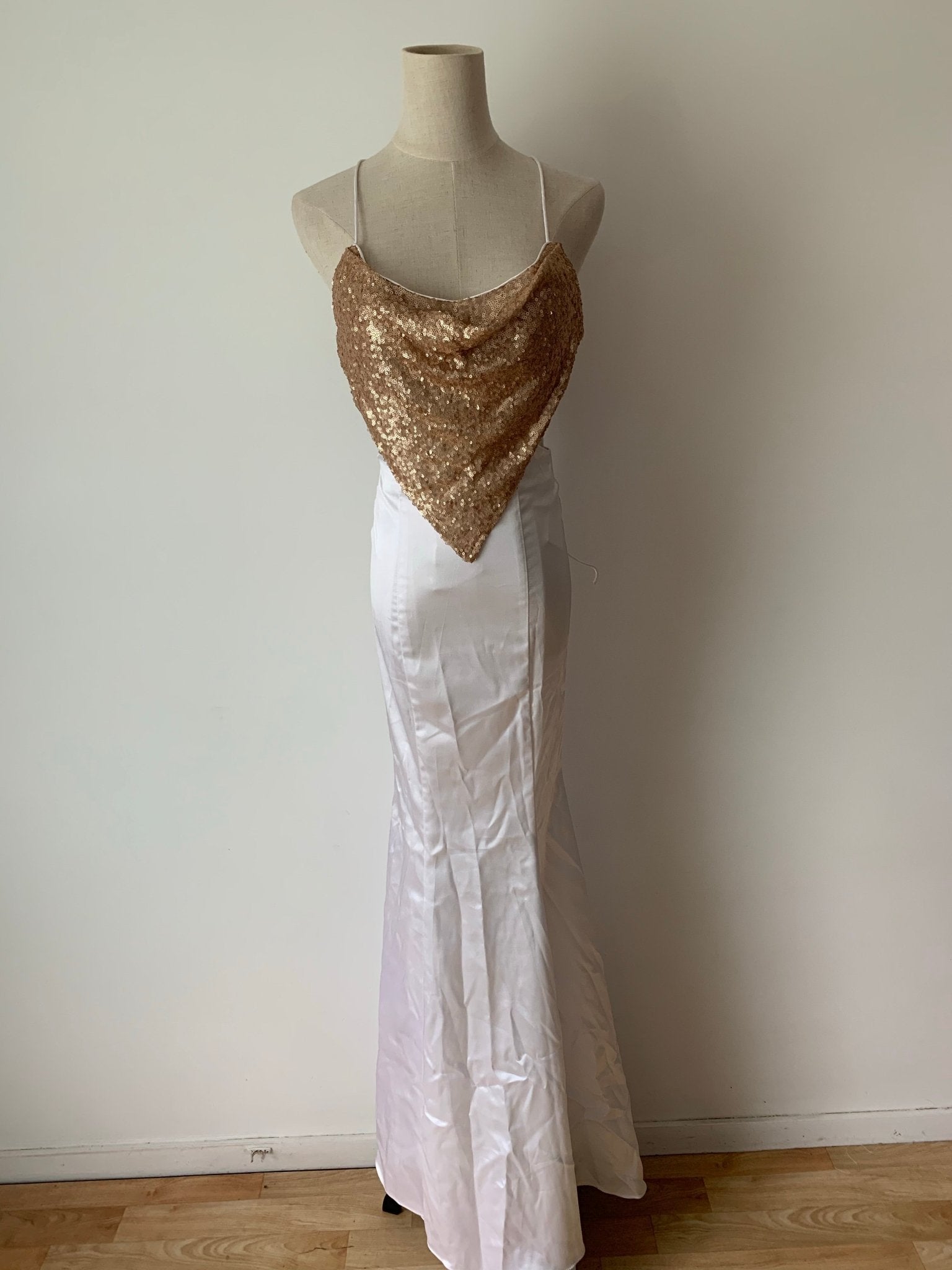 White Satin & Gold Sequin Gown
