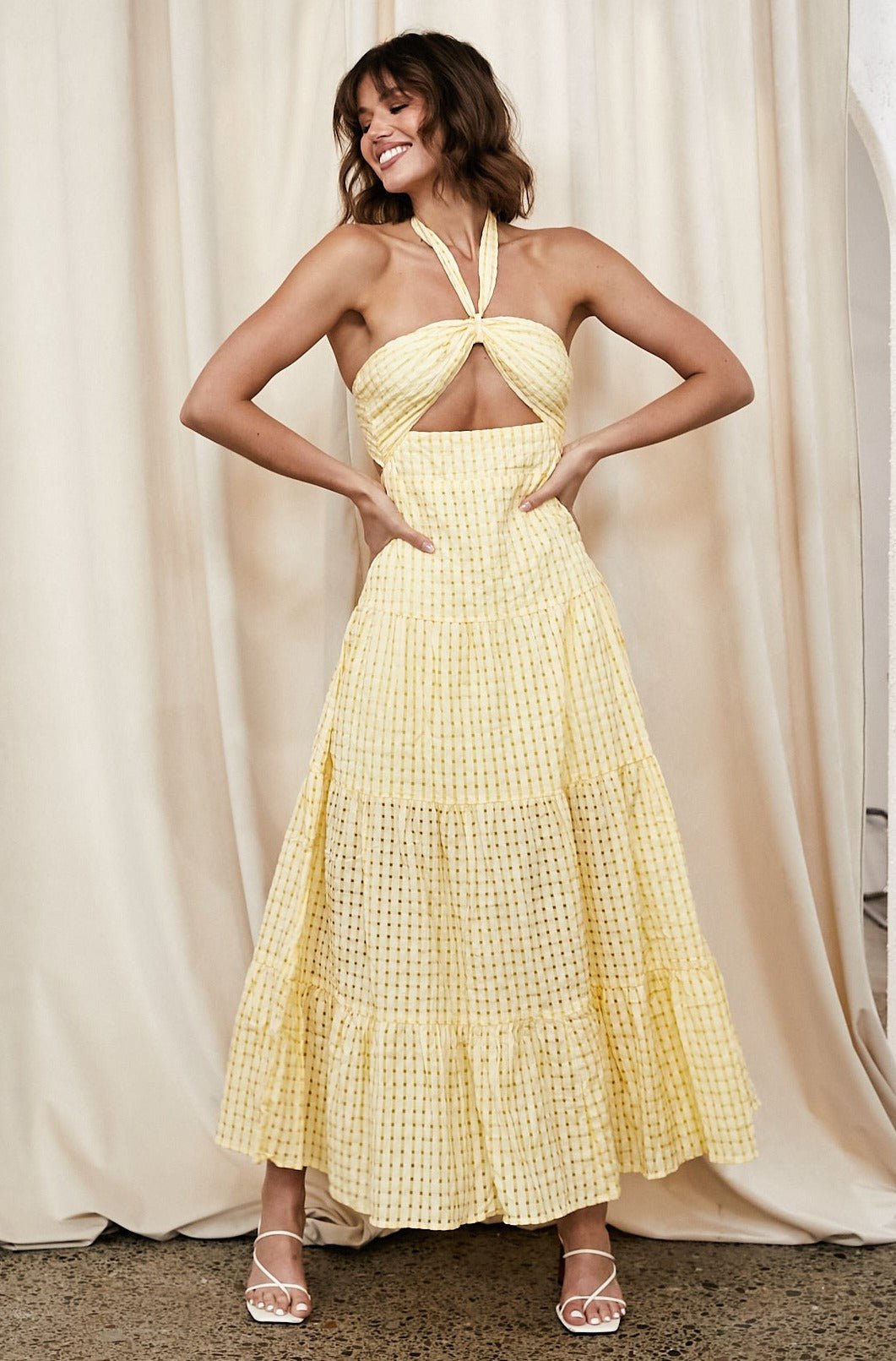 yellow gingham halter dress The Bella Halter Gingham Dress in Butter Yellow